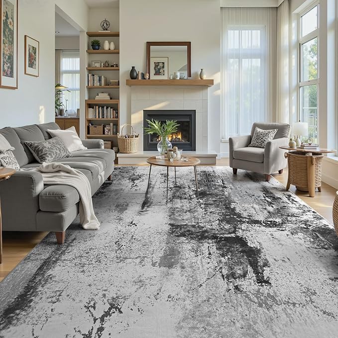 Living Room Rug 7x10 Ink Black Area Rugs Machine Washable Abstract Boho Large - Image 4