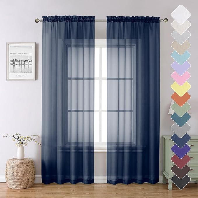 Lecloud Navy Blue Sheer Curtains 84 Inches Long 2 Panels Set, Solid Voile Light by Lecloud