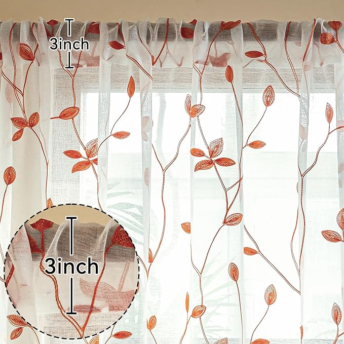 AmHoo 2 Panels Embroidered Leaf Pattern Semi Sheer Curtains Foliage Floral - Image 3