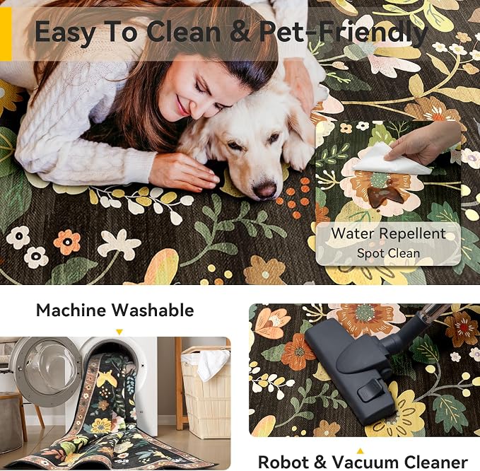 RELEANY Floral Washable 5x7 Area Rugs Black/Yellow | Flower Carpet Print Boho - Image 5