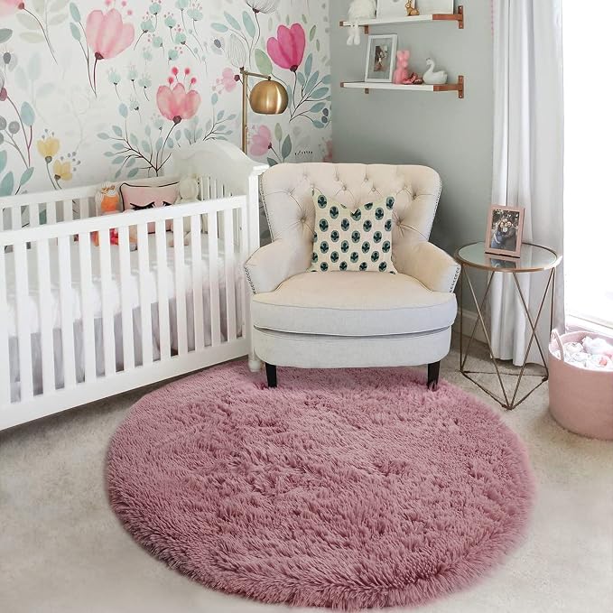 Blush Round Rug 6Ft for Bedroom, Fluffy Fuzzy Plush Circle Area Rugs for Baby - Image 5