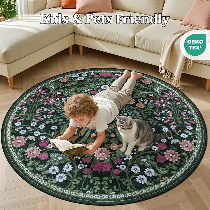 Round Area Rug for Living Room: 4 ft Floral Washable Circle Rug Soft Boho - Image 8