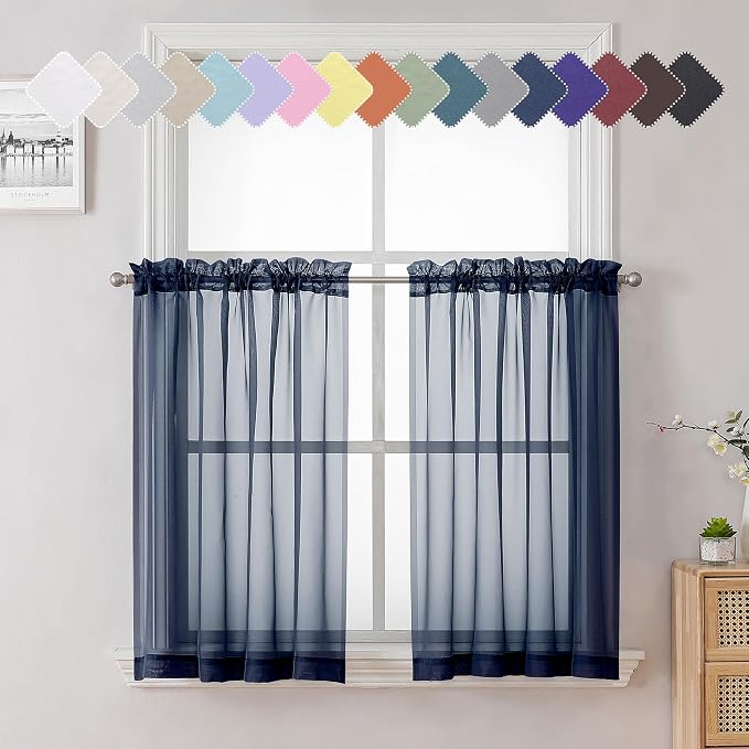 Lecloud Volie Sheer Curtains Blue Tiers 36 Inches Long 2 Pieces Set, Gauzy by Lecloud