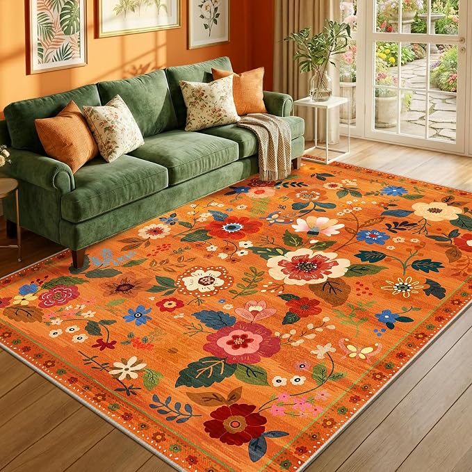 RELEANY Floral Washable 8x10 Area Rugs BurntOrange | Flower Carpet Print Boho - Image 9