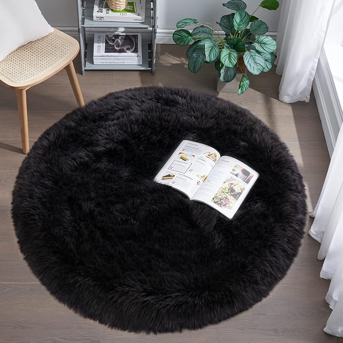 Faux Fur Rug for Bedroom, Small Furry Circle Rugs 3X3, Soft Shag Circular Rug by Tangsoo