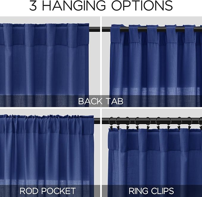 Classic Blue Linen Curtains 90 Inch Long 2 Panels Set - Image 2