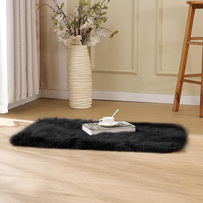 ORINOVA Black Faux Sheepskin Washable Fluffy Fur Area Rugs - Image 6