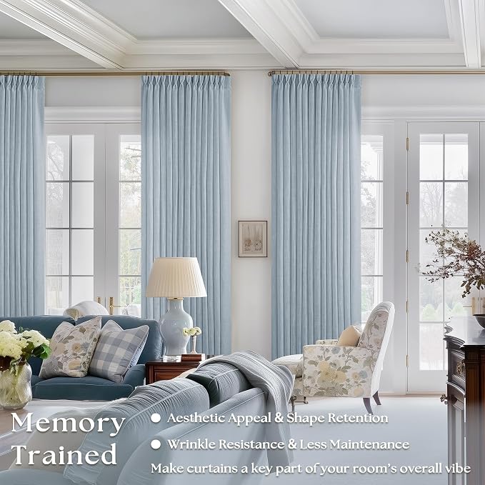 Blue Grey 90 Inch Linen Curtains Pinch Pleated - Image 2