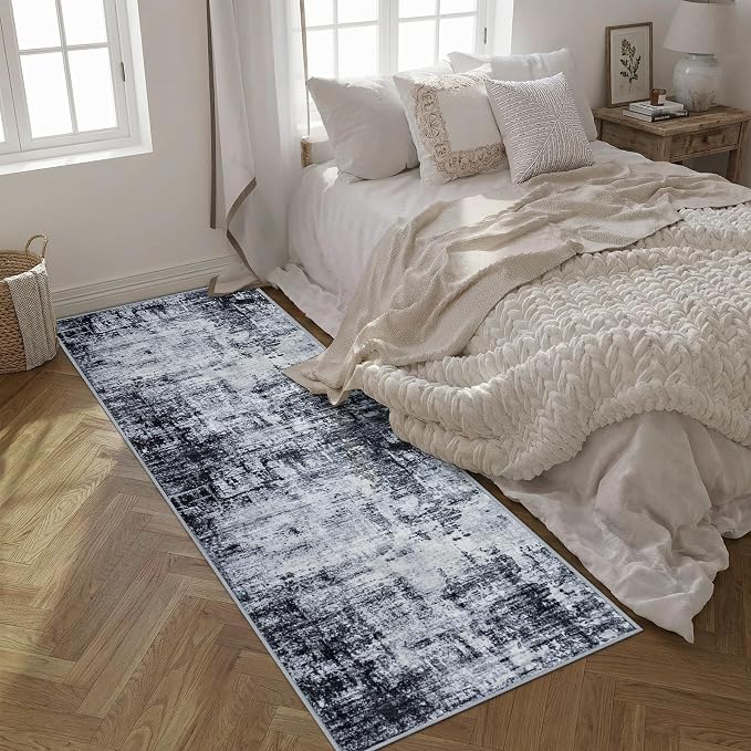 2.6'x8' Runner Rug Washable Rug;Modern Abstract Soft Thin Runner Rug Dark-Black - Image 4