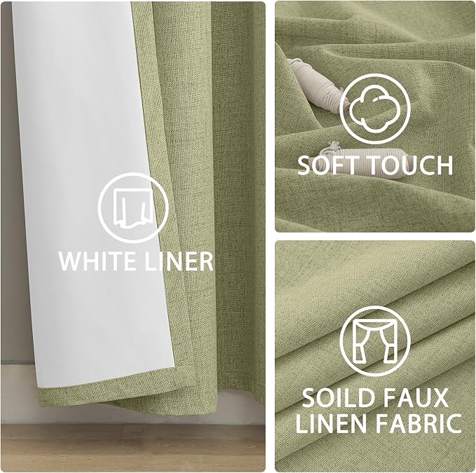 Yakamok Linen Sage Curtains 100% Blackout 63 Inches Long, Room Darkening - Image 6