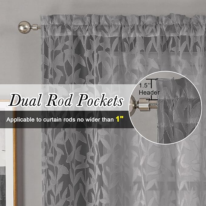 Lecloud Leia Clip Textured Charcoal Grey Sheer Curtains 63 Inch Length 2 Panels - Image 2