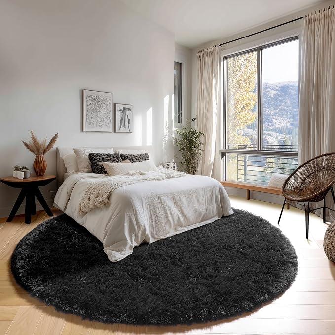 ONASAR Black Round Rugs 7ft for Living Room, Fluffy Bedroom Circle Area Rug - Image 3