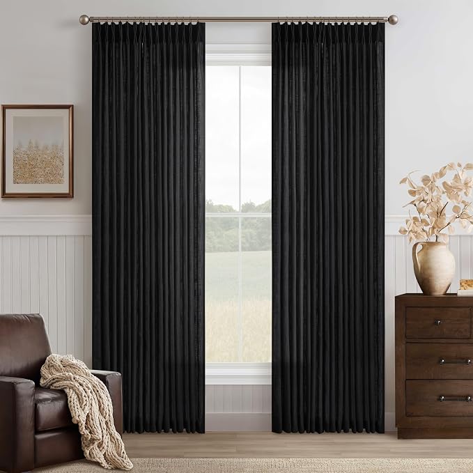 Pinch Pleated Linen Pleated Semi Sheer Black Curtains 96 Inch Long 2 Panels | by Twodrapes
