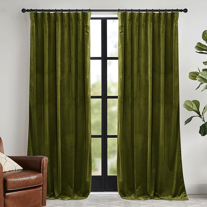 RYB HOME Moss Green Velvet Curtains 96 inches, Luxury and Soft Velvet Fabric by RYBHOME