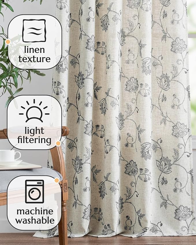 Jinchan Linen Floral Curtains 63 Inch Length - Image 4