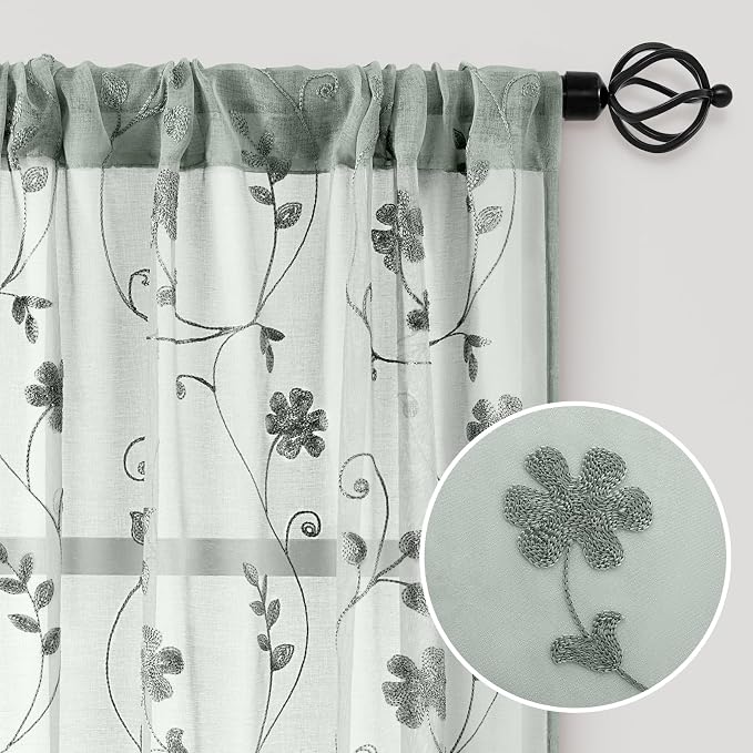 HOMEIDEAS Sage Green Sheer Curtains 84 Inches Long 2 Panels Embroidered Floral - Image 4