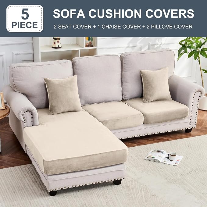 Couch Cover 3-Piece Elastic Velvet Couch Cushion Covers & Chaise Slipcovers - Image 3