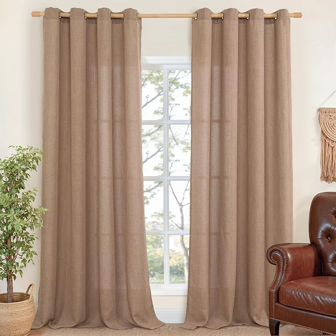 YoungsTex Mocha Linen Semi Sheer Curtains 98 Inches Long 2 Panels Set | Light by YoungsTex