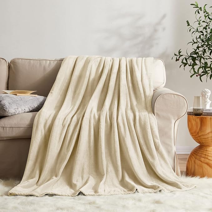KMUSET Super Soft Throw Blanket Premium Silky Flannel Fleece Twin Size Beige - Image 3