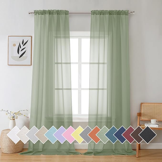 Aiyufeng Sage Green Sheer Curtains 96 Inch Length 2 PCS, Rod Pocket Voile Drapes by Aiyufeng