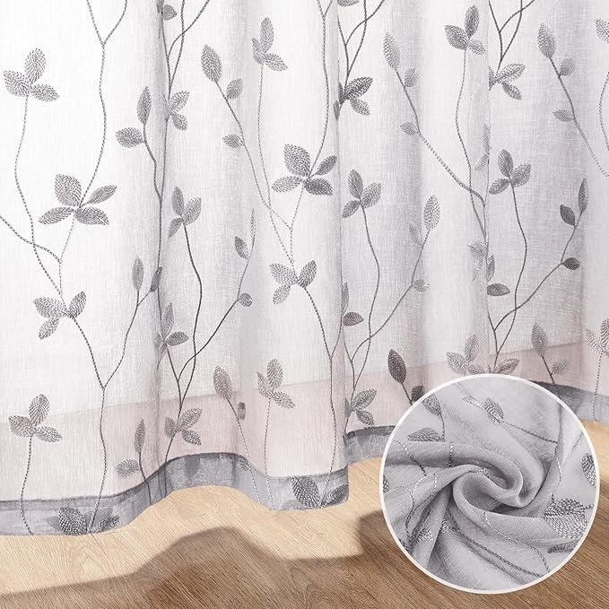 HOMEIDEAS Light Grey Sheer Curtains 52 X 84 Inches Length 2 Panels Embroidered - Image 7