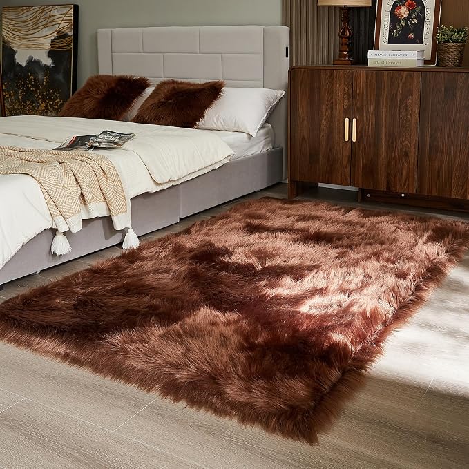 AMTOVO Faux Fur Sheepskin Rug for Living Room, 4 x 6 ft Coffee Fluffy Area Rug - Image 5