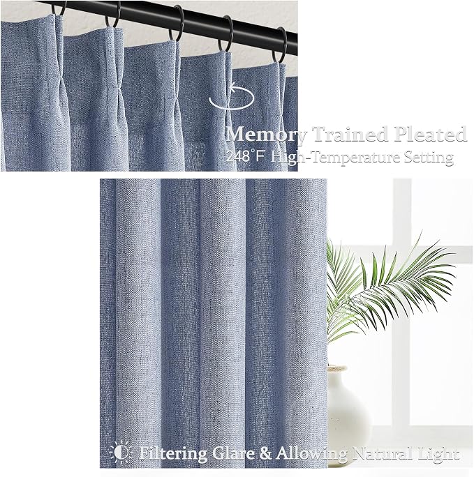 Linen Pinch Pleated Dusty Blue Sheer Curtains 96 Inches Long Living Room - Image 3