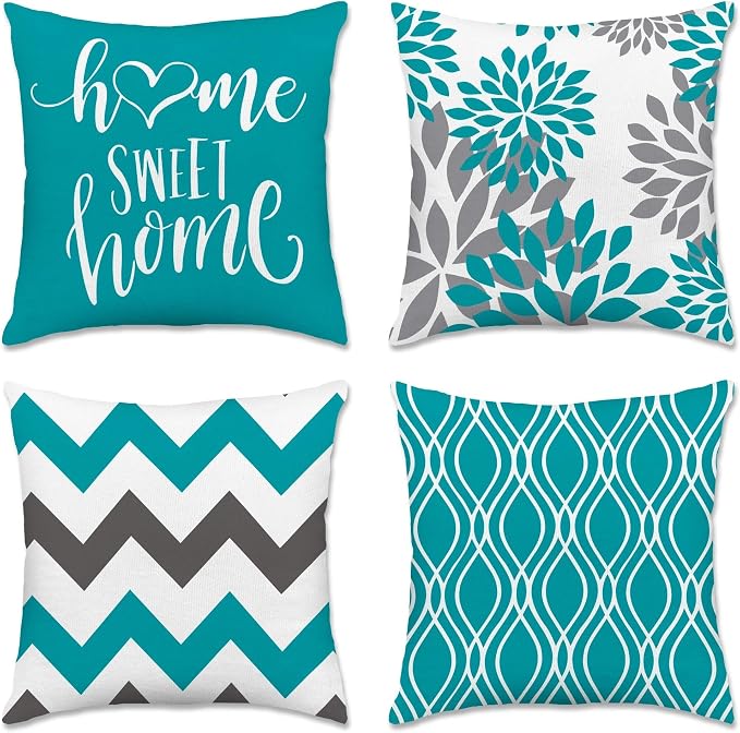 Hexagram Geometric Teal Pillow Covers 20x20 Set of 4, Decorative Outdoor Boho by Hexagram