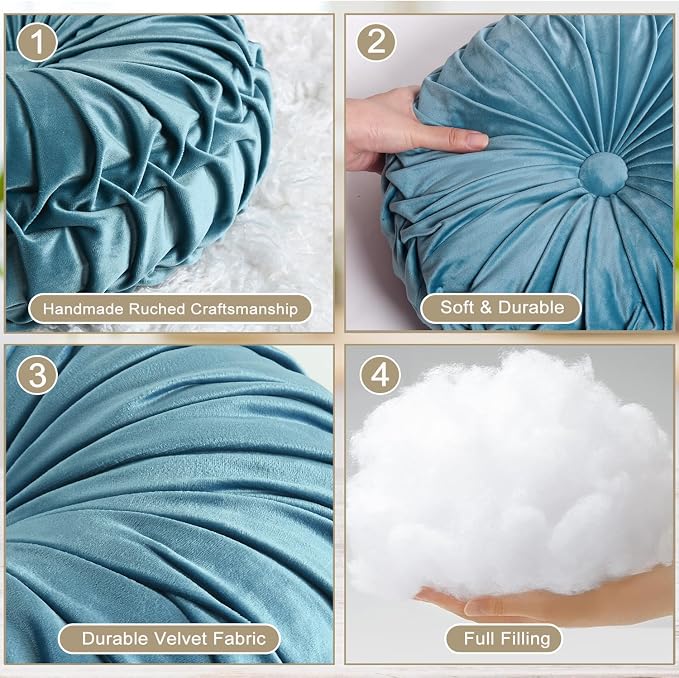 HIG Set of 2 Dusty Blue Ruched Velvet Round Throw Pillows – 14.5’’ Decorative - Image 3