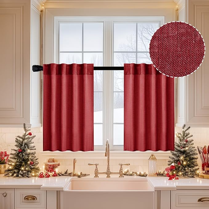 MIULEE Burgundy Red Kitchen Curtains 24 Inch Length 2 Panels, Soft Thick Linen by MIULEE