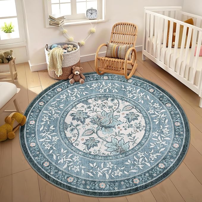 GarveeHome Misty Blue Botanical Grove 4ft Round Rug, Small Circle Vintage - Image 2
