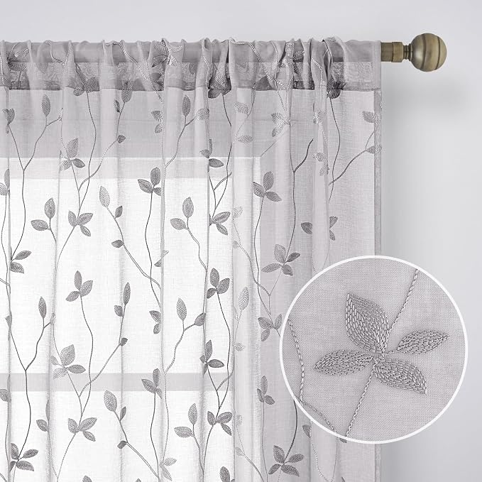 HOMEIDEAS Light Grey Sheer Curtains 52 X 84 Inches Length 2 Panels Embroidered - Image 4