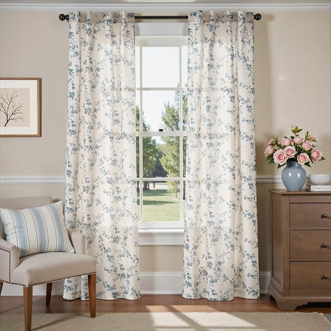 Lazzzy Blue Floral Linen Curtains 90 Inch Farmhouse Back Tab Drapes - Image 2