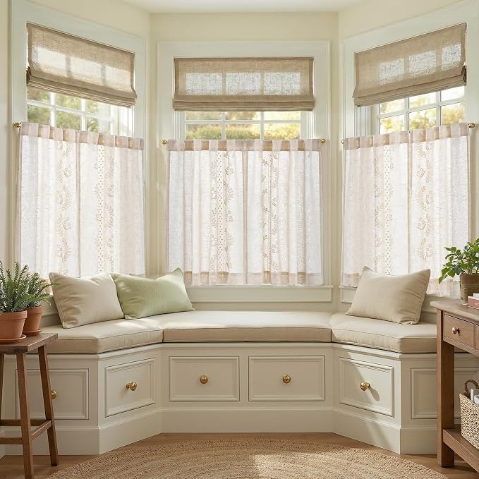 jinchan Belrose Linen Floral Kitchen Curtains 36 inch Length Embroidered - Image 2