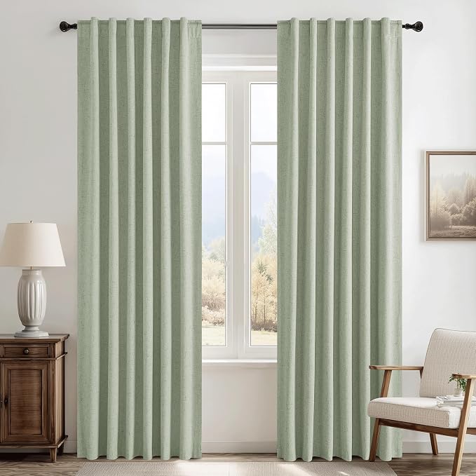 RYB HOME 100% Blackout Sage Green Linen Curtains, Extra Long Light & Heat by RYBHOME