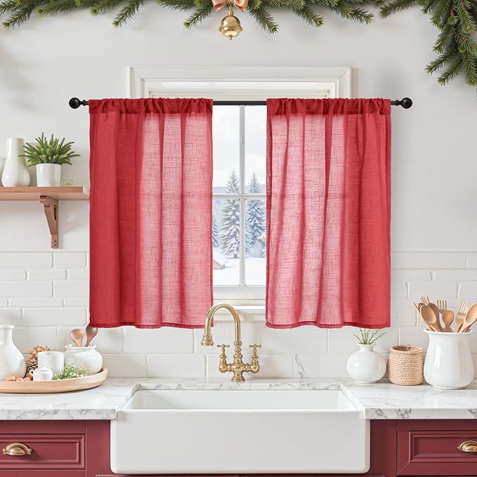 BGment Red Linen Kitchen Curtains Window Over Sink, Short Semi Sheer Drapes by BGment