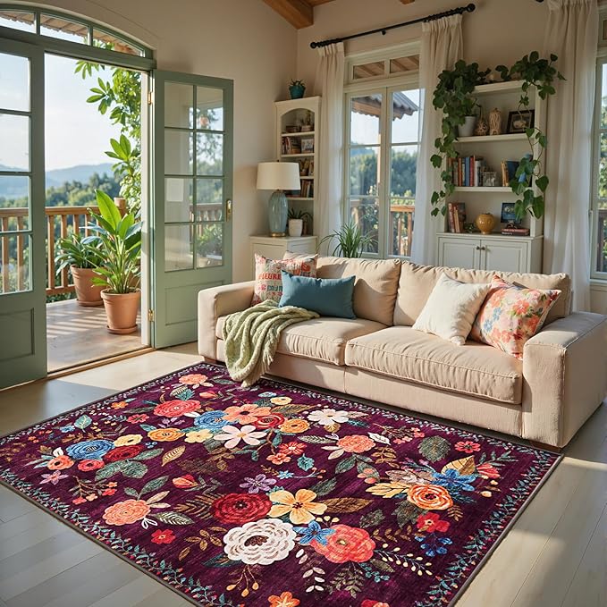 Area Rug 4x6 Rug Washable Boho Rugs Non Slip Low Pile Floral Small Carpet by WelcometoBabovid