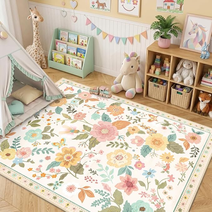 RELEANY Floral Washable 6x9 Area Rugs Beige/White/Orange | Flower Carpet Print - Image 2