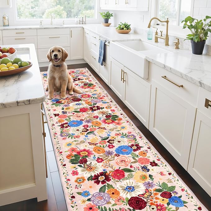 Pink/Beige Floral Hallway Runner Carpet Non-Slip, 2x10 Washable Rug Ultra-Thin by WelcometoBabovid