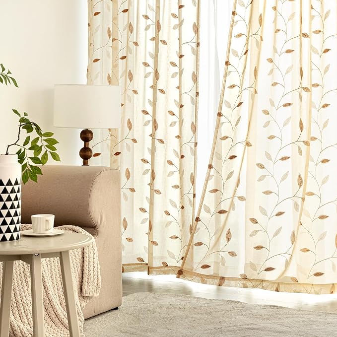 MIULEE Beige Sheer Curtains 2 Panels Embroidered Leaf Patterned Rod Pocket - Image 3