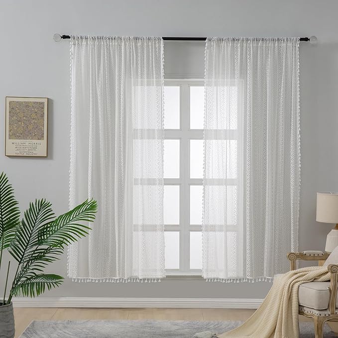 WAZZIO Boho Lace Curtains 63 Inches 2 Panel, Light Filtering Privacy Tassel & - Image 3