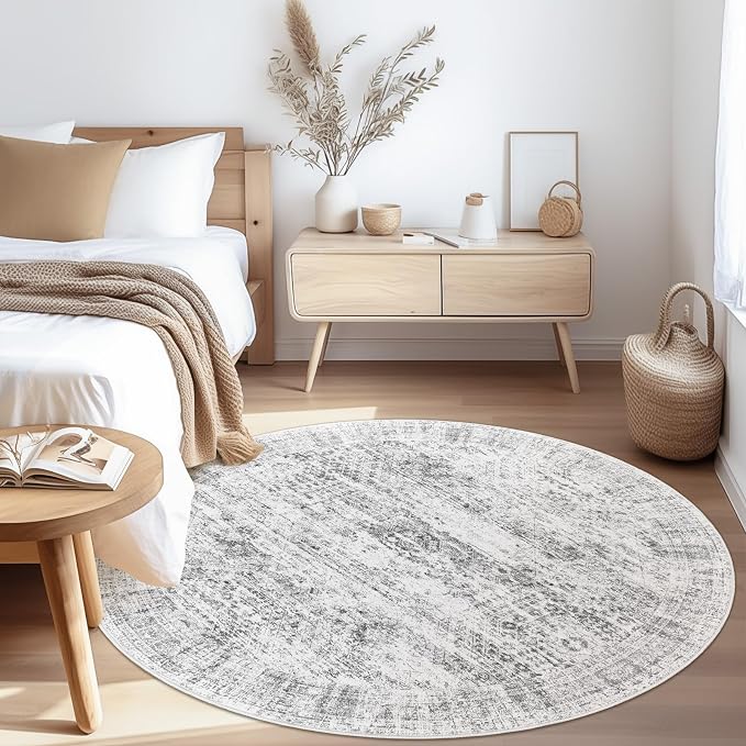 6x6 Grey Round Rug 6ft Living Room Circle Rug Gray Vintage Round Area Rug Non - Image 7