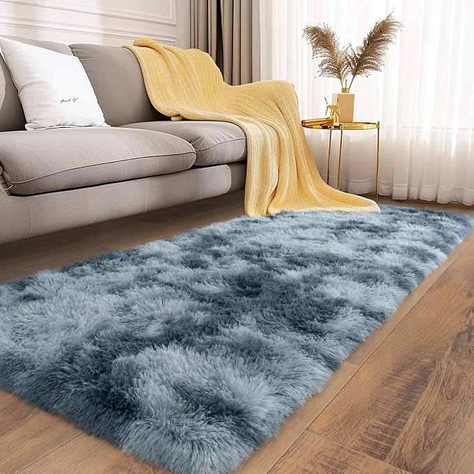Soft Runner Rugs for Bedroom Hallways, 2x6 Tie-Dyed Blue Grey Fluffy Shag Throw - Image 4