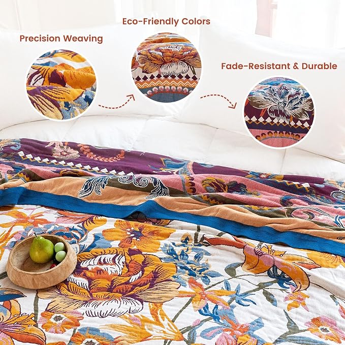 MSGKV Boho Throw Blanket 50"x60" Couch Floral 100% Cotton Blanket Spring - Image 3