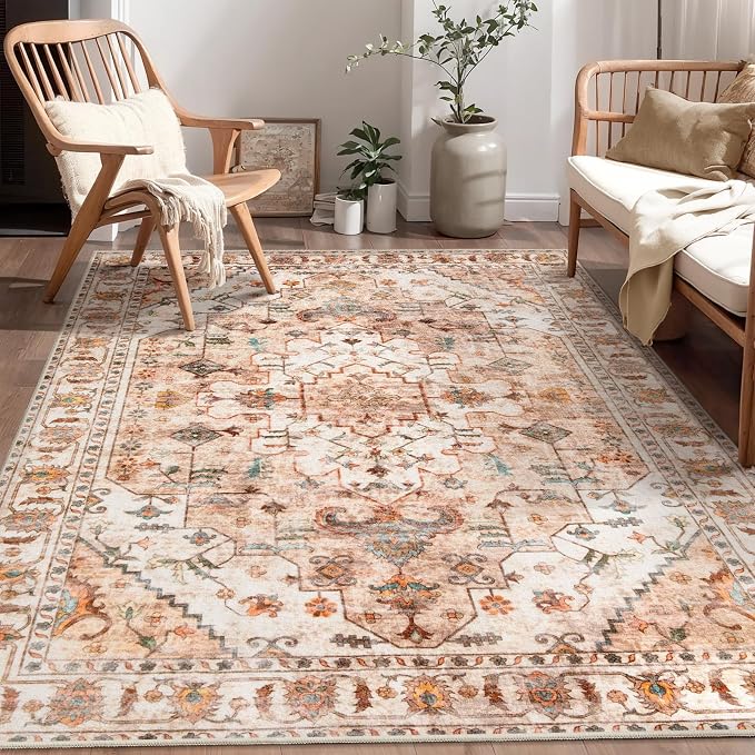 SERISSA 4x6 Boho Bedroom Rug, Washable Non Slip Vintage Peach Cream Area Rugs - Image 5