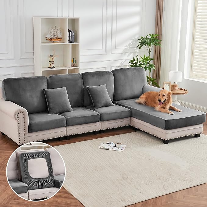 Couch Cover 4-Piece Elastic Velvet Couch Cushion Covers & Chaise Slipcovers - Image 3