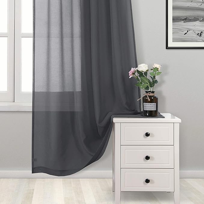 DWCN Dark Grey Sheer Curtains Semi Transparent Voile Rod Pocket Curtains - Image 3