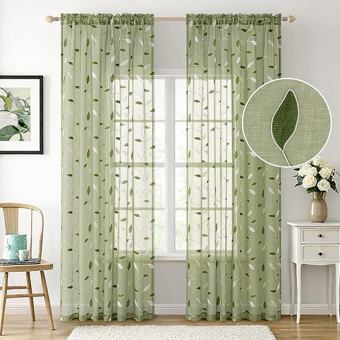 MIULEE Sage Green Sheer Curtains 2 Panels Embroidered Leaf Patterned Rod Pocket - Image 2