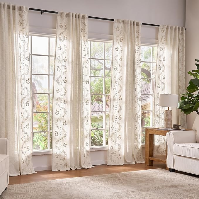 jinchan Belrose 4 Panel Curtains Set 90 Inch Length Floral Curtains Linen Blend by JINCHAN