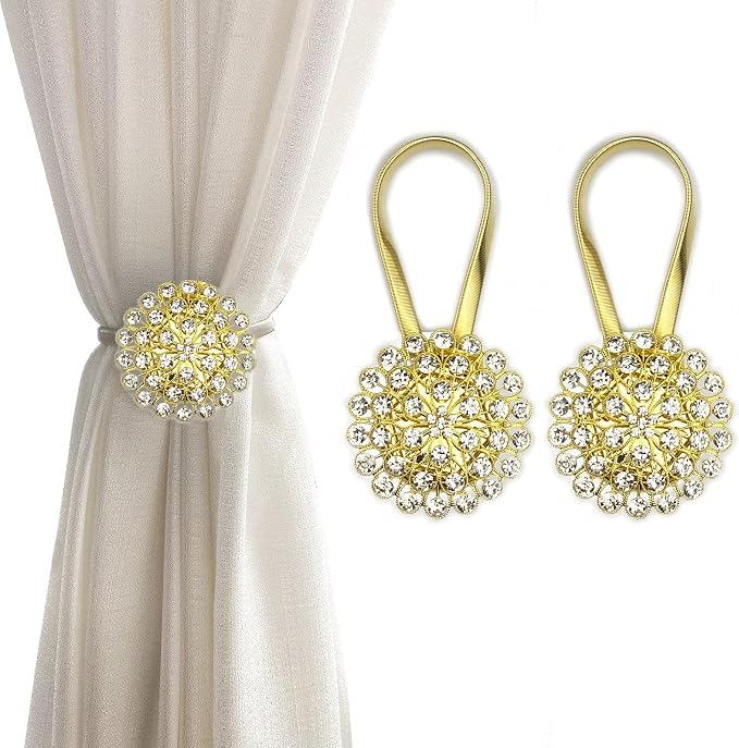Magnetic Tiebacks for Curtains, 2 Pack Sparkling Crystal Flower Curtain by FOZUBOYO